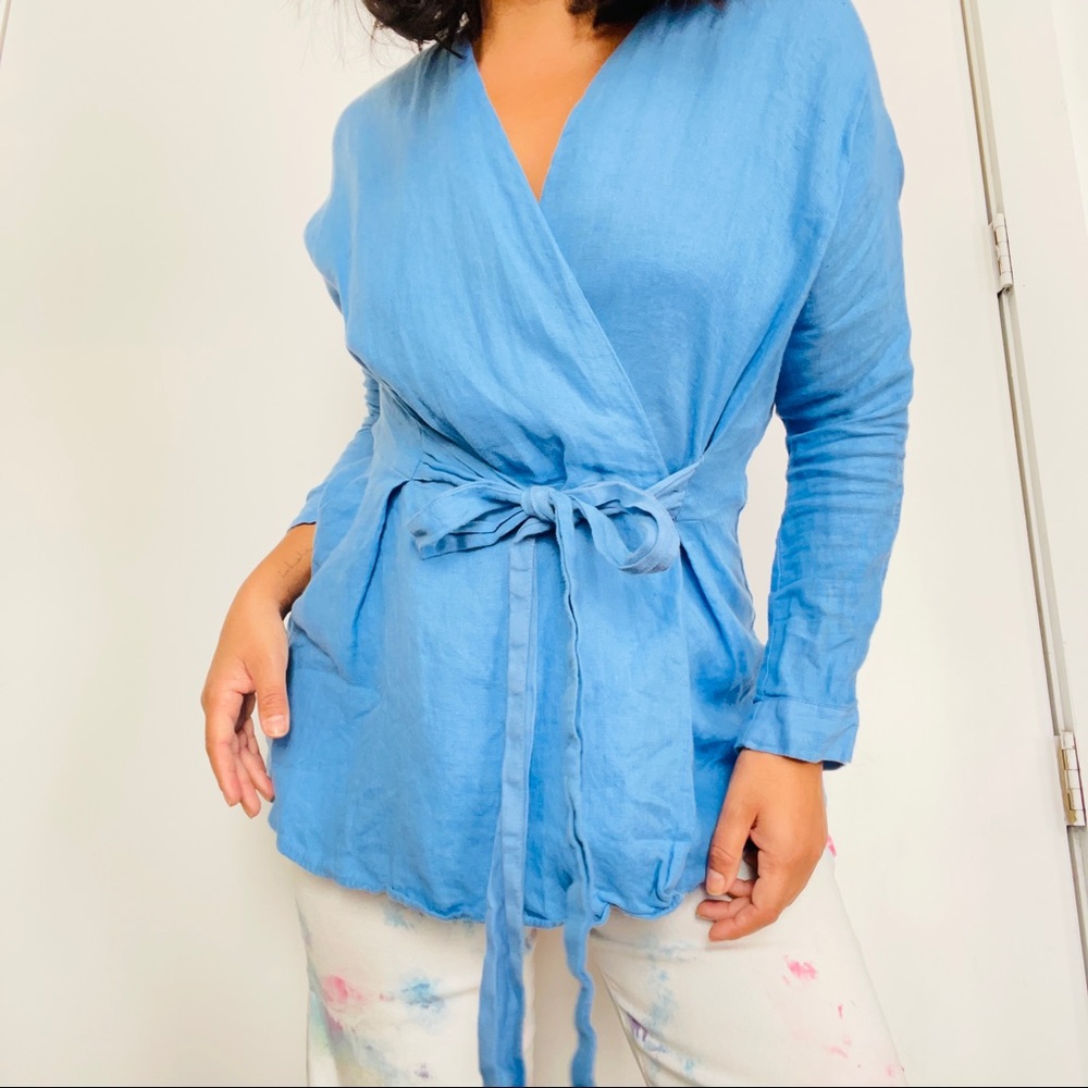 Blue Linen Wrap Blouse Size XS
